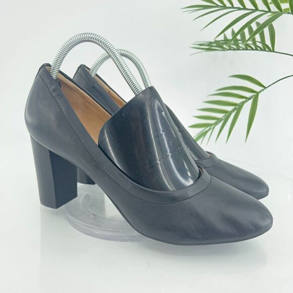 Clarks Women's Chryssa Ari Pump Size 10 Pointed Block Heel Black Leather Shoes - Picture 1 of 16